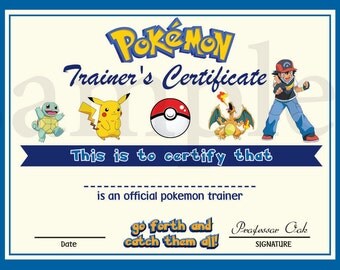 INSTANT DL- Pokemon certificate- Printable digital file birthday party pokemon Go diploma