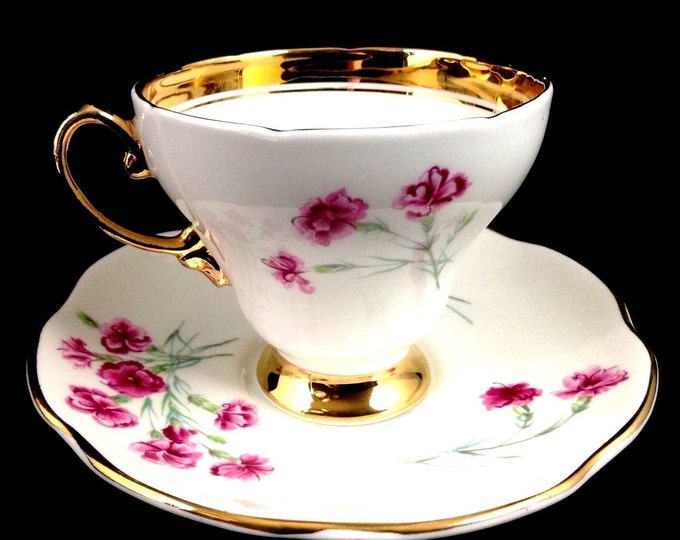 Vintage Foley Tea Cup and Saucer Set With Pink Carnations Gold Trim