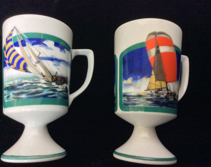Set 6 Nautical Pedestal Coffee Mugs with Sailboats, Sailing Yachts Themed Mugs, Gift For Him