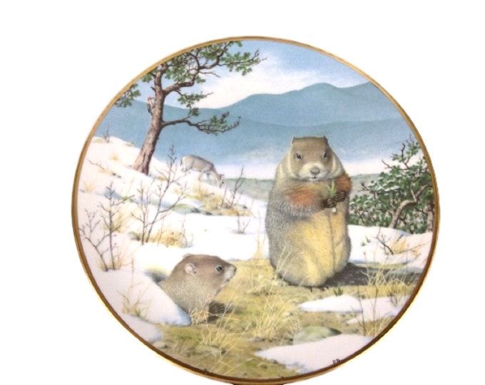 Peter Barrett Plate Woodchucks in February Thaw, Woodland Year Signature Edition Calendar Plate, Franklin Porcelain Vintage Limited Edition
