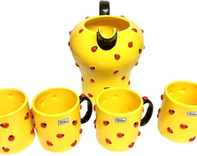 Department 56 Hand Painted Serving Pitcher and 4 Mugs Ladybugs