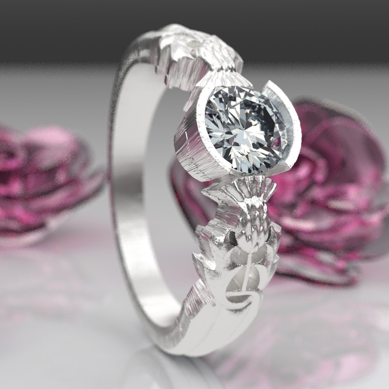 Thistle Engagement Ring, Sterling Silver Moissanite, Scottish Solitare