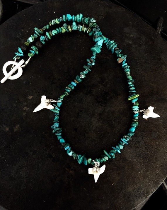 Men's necklace made with shark teeth & turquoise shark
