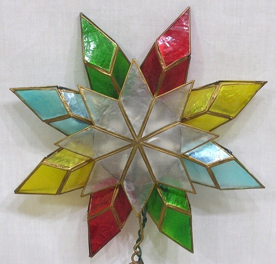 Vintage Christmas Tree Topper Stained Glass Style Star Plastic