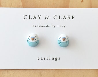 Budgie earrings - beautiful handmade polymer clay jewellery by Clay & Clasp