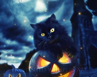 Black Cat art black cat print Halloween by EnchantedWhispersArt