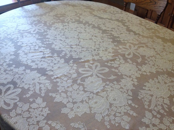 Vintage Quaker Lace Tablecloth, Roses Ribbons Creamy Ecru, Wedding Reception Dinner Table,  72 x 88 rectangle