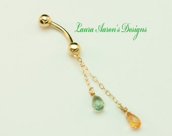 Belly Button Ring, 14kt Gold, Green Sapphire, Yellow Sapphire, Belly Button Ring, September Birthstone