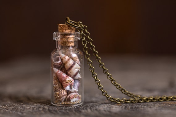 Beach Necklace - Tiny Shells - Handmade Necklace - Bronze or Silver - Shell Vial - Vial Pendant