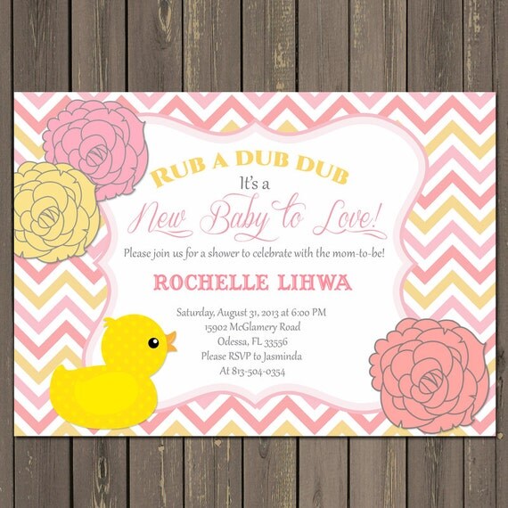 Rubber Duck Baby Shower Invitation, Pink Duck Baby Shower Invitation, Pink and Yellow Chevron Invite, Printable or Printed Il_570xn