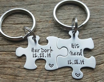 Couples Custom Puzzle Piece key Chain Set Hers and His Her Dork His Nerd anniversary gift for Him Personalized