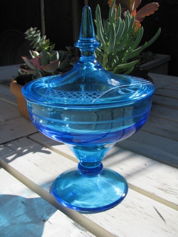 Sale Depression Glass Blue Footed Candy Dish With Etched Lid