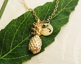3D PINEAPPLE NECKLACE on a gold plate chain - small delicate pineapple - personalized w initial charm - one flat rate shipping in my shop :)