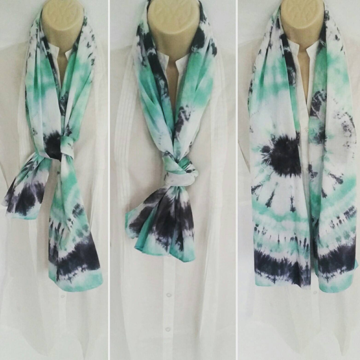 Hand Dyed Tie Dye Scarf in Seafoam Green & Ashes to