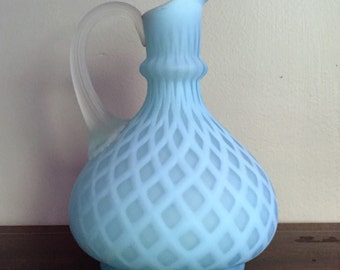 Mother of Pearl Satin Glass Ewer Pitcher Quilted Diamond 1890's