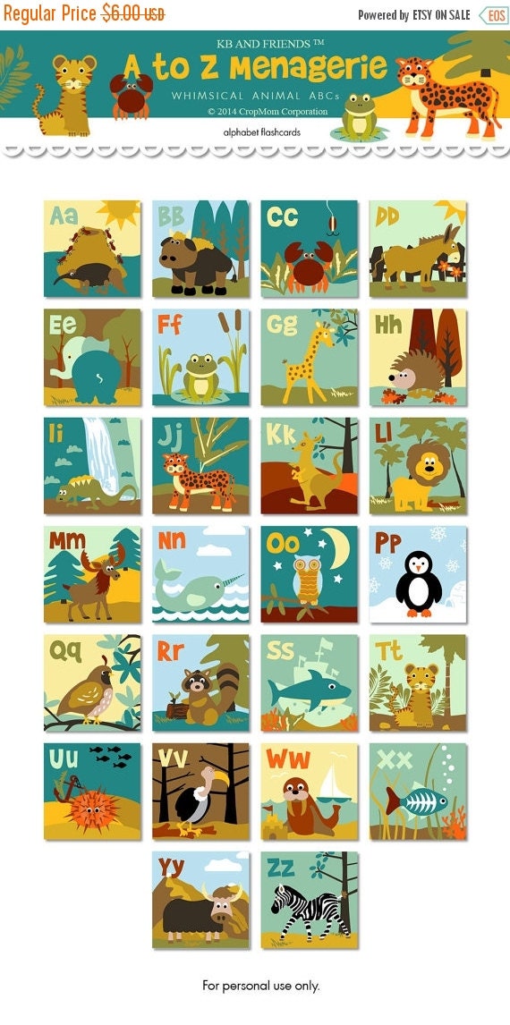 SALE 50% off Animal alphabet flashcards / 2 square by KBandFriends