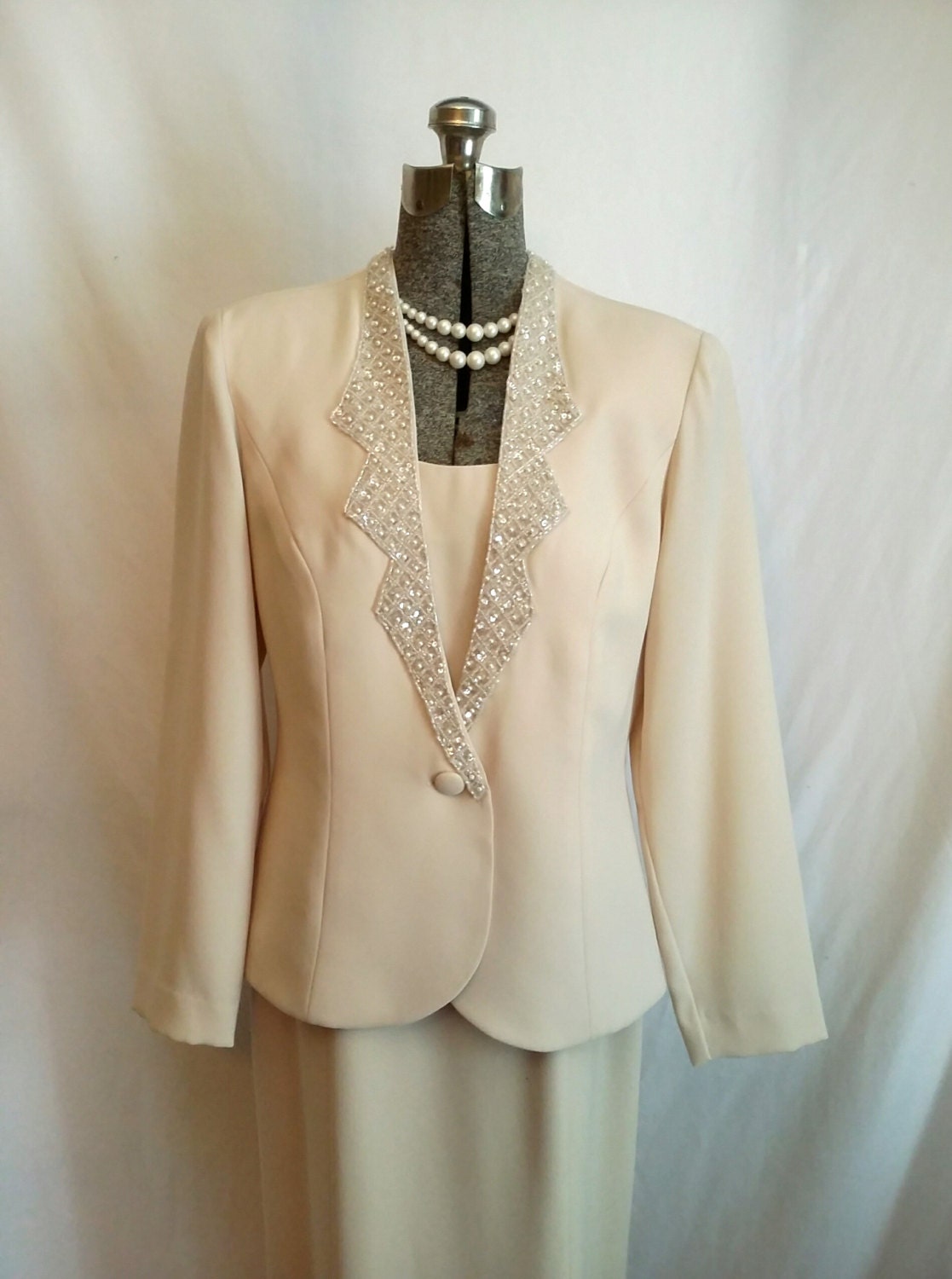 80s champagne dress suit dress jacket suit sequin trim dress