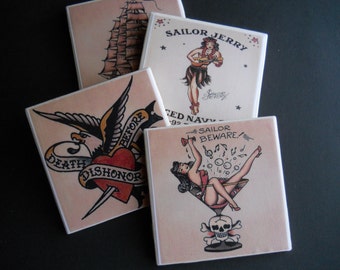 Sailor Jerry ~ Tattoo Art ~ Ceramic Tile Coasters ~ Cool Coasters ~ Bar Decor ~ Vintage Tattoo Art ~ Patriotic Tattoo Art ~ Game Room Decor