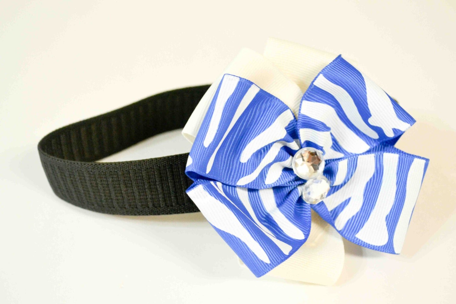 baby headband with zebra print blue and white bow crystal
