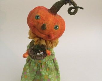 Pumpkin Doll Folk Art Inspired OOAK Paper Mache Halloween Pumpkin Art Doll Crow Nest Eggs