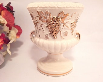 Urn Vase White Cup With Gold Gilt Grapes Perma Porcelain made in Japan Vanity Dish Hat Pin Holder Flower Pot Planter Vintage 1950's Decor