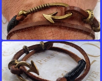 Free, Adjustable, Anchor Bracelet, Fish Hook Bracelet, Leather Bracelet, Mens Jewerly, Nautical Bracelet