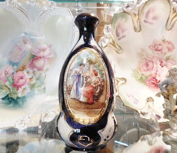 Art Nouveau Italian Majolica Bud Vase Antique Home Decor Victorian Cobalt Stoneware Earthenware Pottery Vase Scene Ladies Cottage Chic