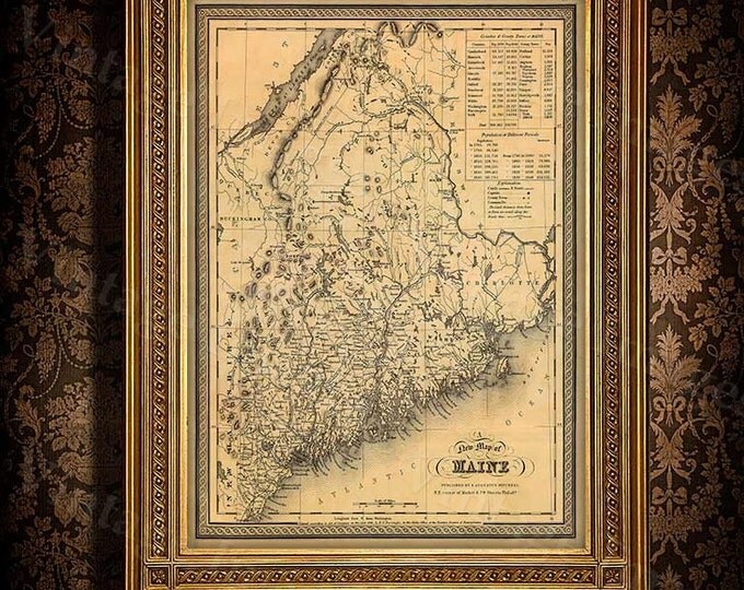 Map of Maine 1846 Old Maine Map Old Historic Map of Maine Antique Restoration Hardware Style Maine state Wall Map home office decor gift