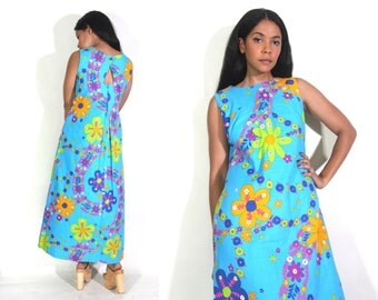 Vintage 60s Blue Day Glo Hawaiian Floral Maxi Dress Keyhole Cut Out Back Hippie Glam