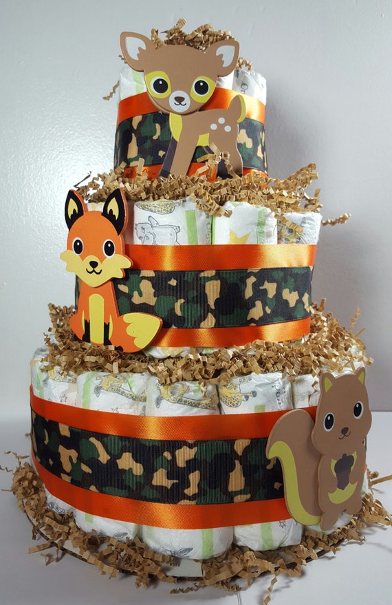 shower baby 1 cake tier Theme Woodland Orange/Camo 3 Neutral Baby Diaper Cake Tier