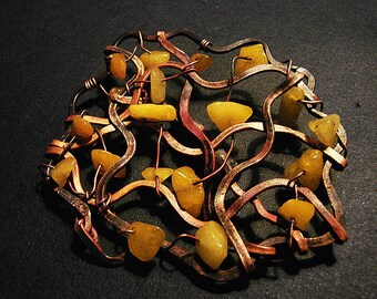 Rustic broch made on forged copper and amber nephrite stone retro charms brooch autumn brooch ideal gift for Her by GepArtJewellery.