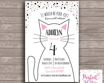 Black and White Kitty Cat- Birthday Invitation