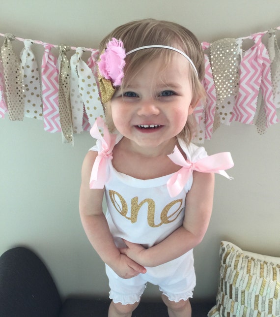 Items similar to Pink and Gold Birthday Romper / Baby Girl First