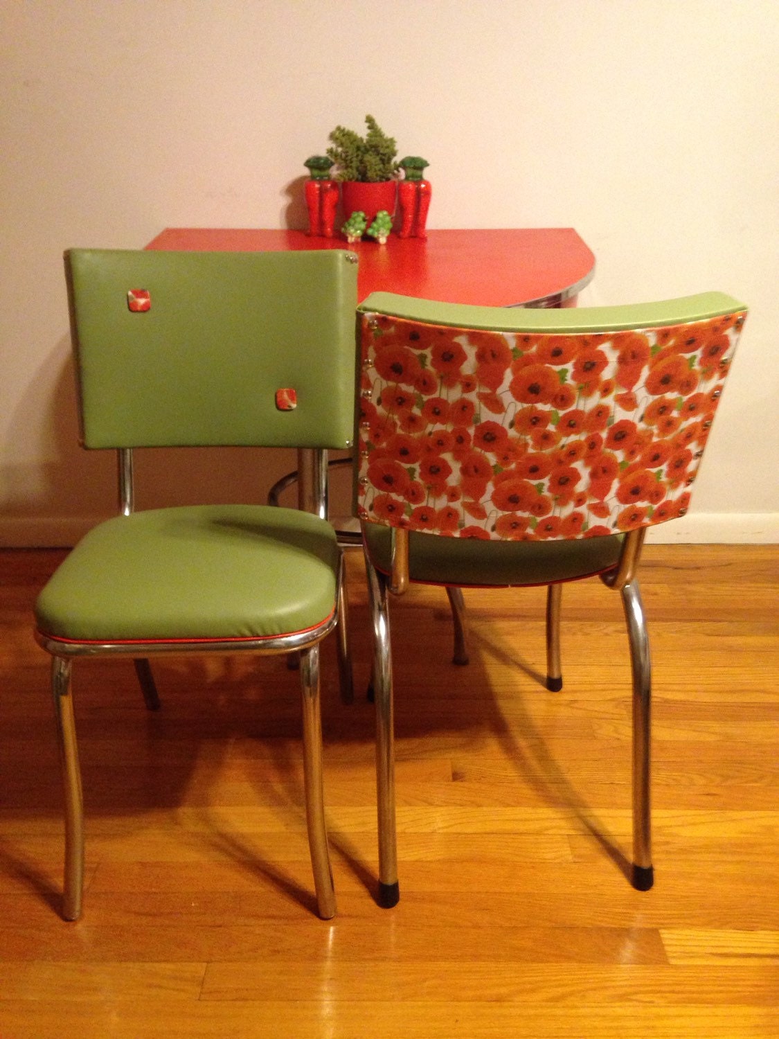 Set of Two Refurbished Reupholstered Green Vinyl Poppy Flower Motif ...