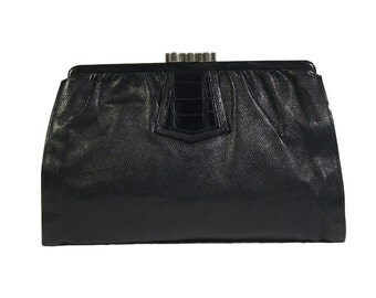 Vintage 1930s Deco Black Leather & Crocodile Clutch Bag