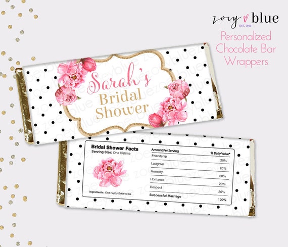 Peony Bridal Shower Chocolate Bar Wrapper - Floral Black White Gold ...