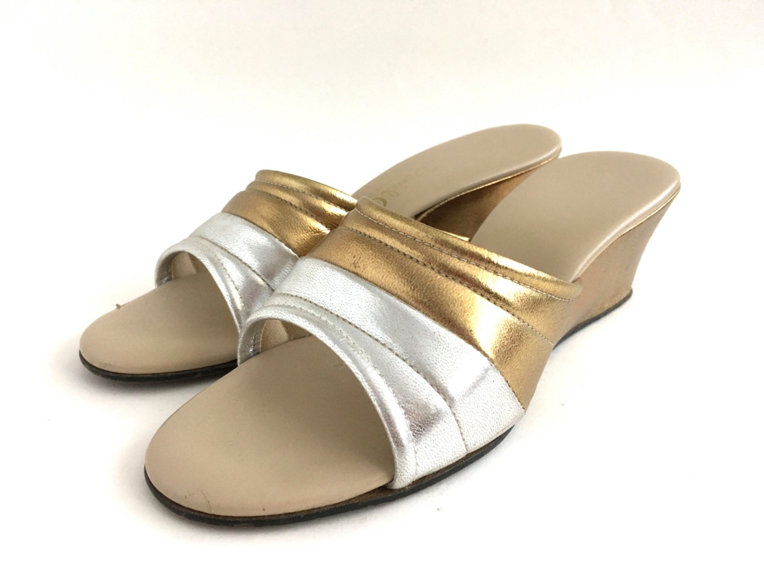 Vintage Gold Lame Silver Wedge House Slippers Lounge Shoes