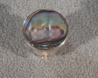 Vintage Sterling silver Large Domed Round Abalone Pill Trinket Box Jewelry **RL