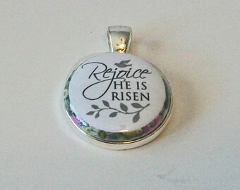 Elegant Floral Rejoice He Is Risen Easter Round Silver Pendant