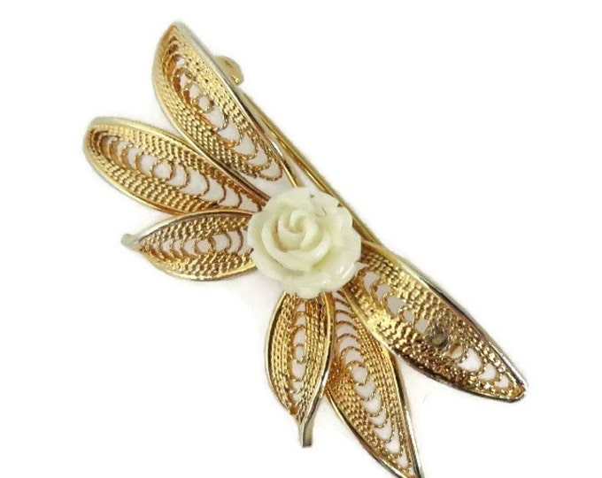 ON SALE! Hobe White Rose Gold Tone Brooch, Vintage Celluloid Rose Flower Pin