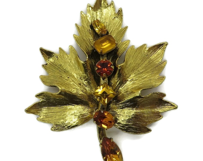 Vintage Graziano Brooch Gold Tone Amber Rhinestone Brooch, Vintage Designer Signed Estate Costume Jewelry Gift for Her