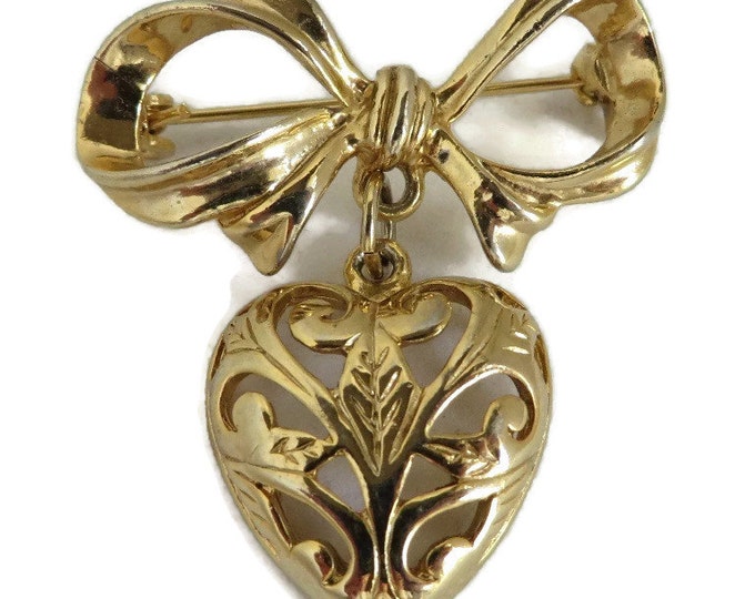 Dangling Heart Brooch, Vintage Gold Tone Bow and Heart Pin