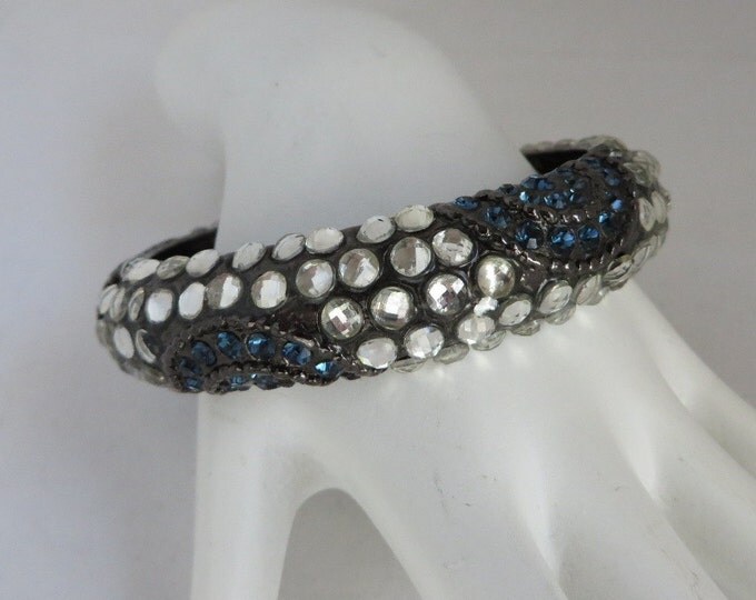 Black Metal Bangle, Vintage Blue White Rhinestone Bracelet, Sparkly Bangle, Gift Idea