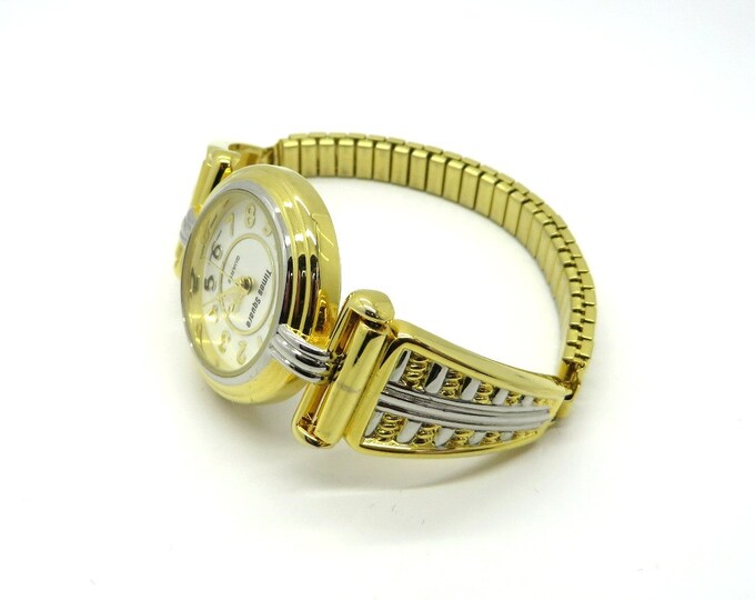 Vintage Times Square Watch, Ladies Watch, Goldtone & Silvertone Stretch Band Watch