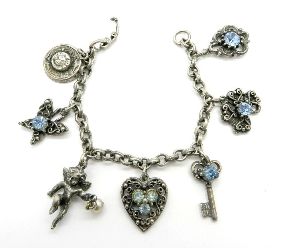 Coro Charm Bracelet Vintage Silver Tone Rhinestone Cupid
