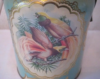 Aqua pink metal cookie tin, bird of paradise, decorative floral tin, Murray Allen, made in England, shabby country chic decor