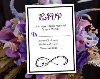 Wedding Response Card Template Download - RSVP Printable "Infinite Love" Printable Wedding Invitation RSVP - Black Eggplant Purple Infinity