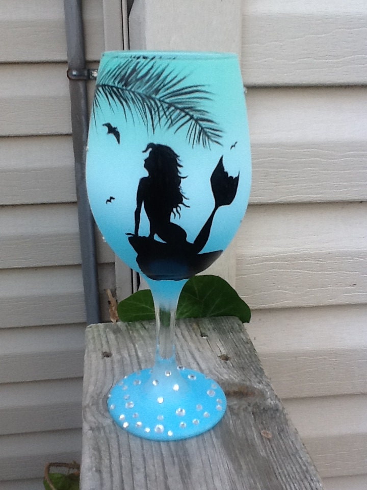 Mermaid wine glass hand painted silhouette embellished