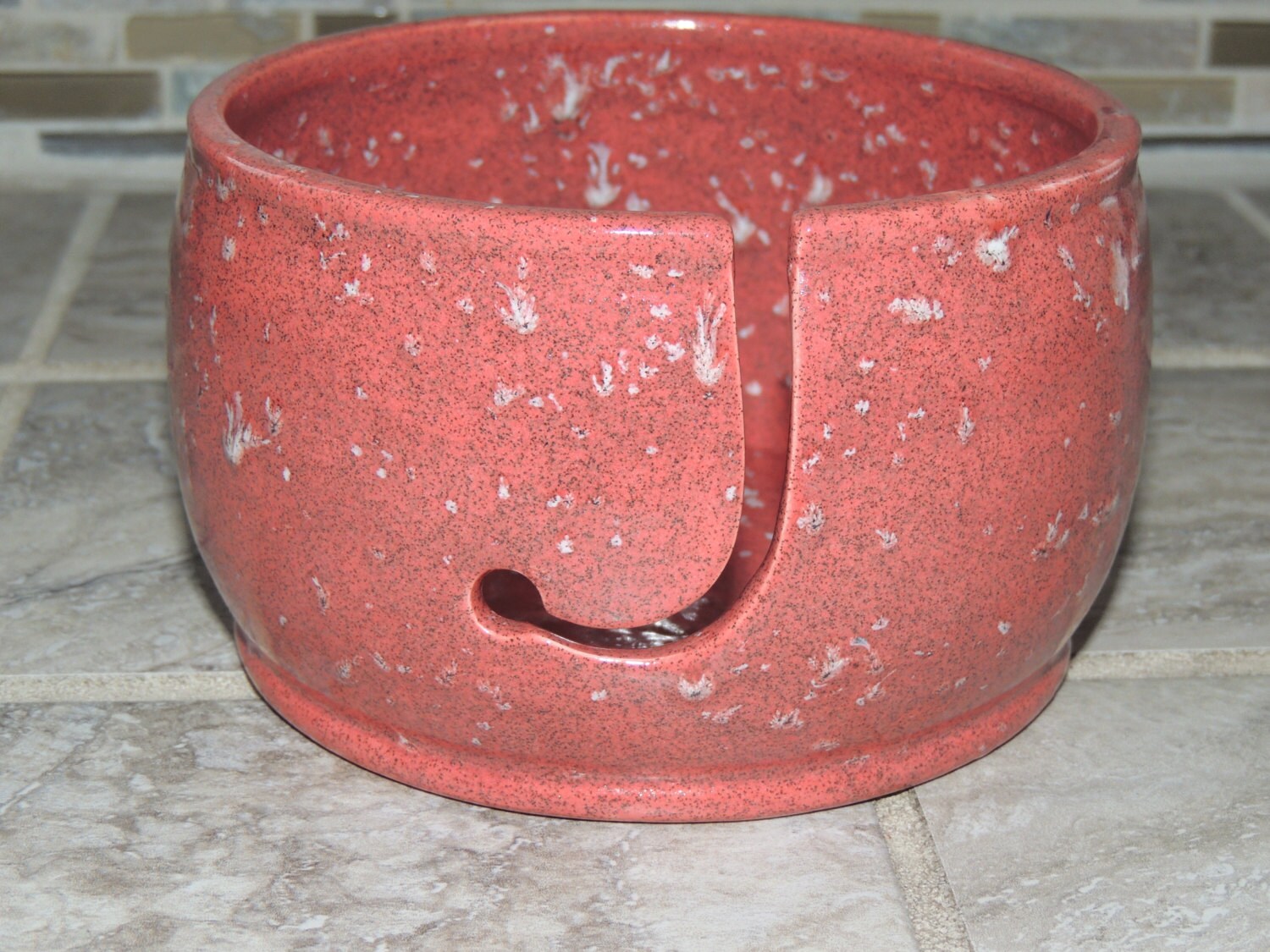 Yarn Bowl Ceramic. Unique Salmon colored speckled glaze