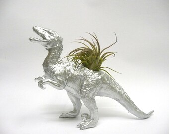 Silver Velociraptor Dinosaur Planter with Air Plant // Coworker Gift // For Her // For Him